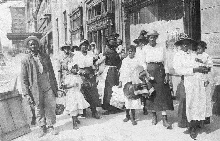 Group portrait of African-American refugees on the streets of East St. Louis after the 1917 race riot. Photo by the St. Louis Star. Phootograph is part of the Special Collections and University Archives, University of Massachusetts Amherst